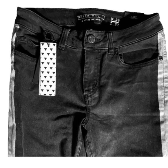 Noisy May Lucy Super Slim Skinny Leg Black Denim/Silver Stripes Size 28 NWT - Picture 2 of 8